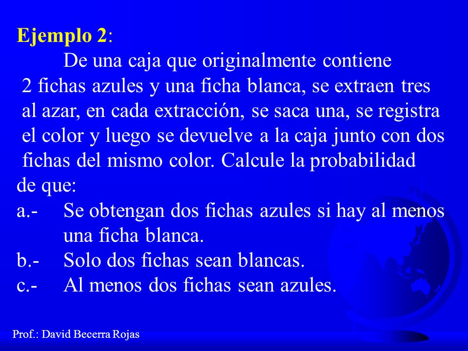 Ejemplo 2: De una caja que originalmente contiene. 2 fichas azules y una ficha blanca, se extraen tres.