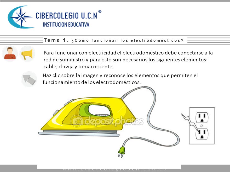 Texto alternativo: - Imagen de una plancha donde se puede apreciar su cable y la clavija, además se muestra un tomacorriente adherido a una pared.