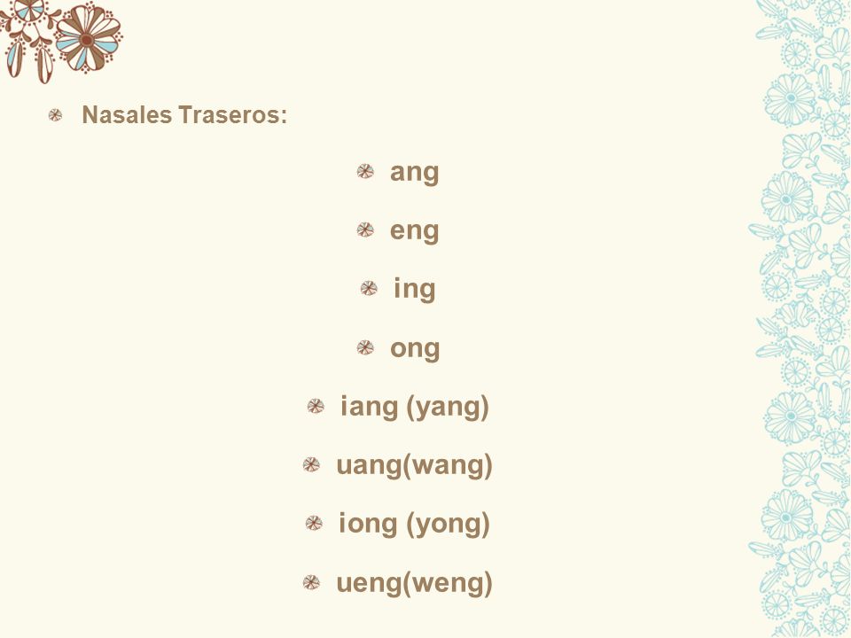 ang eng ing ong iang (yang) uang(wang) iong (yong) ueng(weng)
