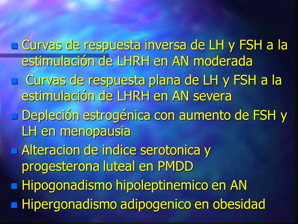 Curvas de respuesta inversa de LH y FSH a la estimulación de LHRH en AN moderada