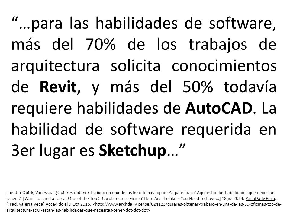 …para las habilidades de software, más del 70% de los trabajos de arquitectura solicita conocimientos de Revit, y más del 50% todavía requiere habilidades de AutoCAD. La habilidad de software requerida en 3er lugar es Sketchup…