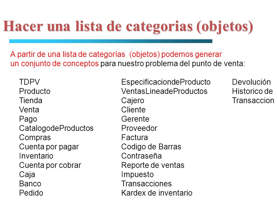 Hacer una lista de categorias (objetos)