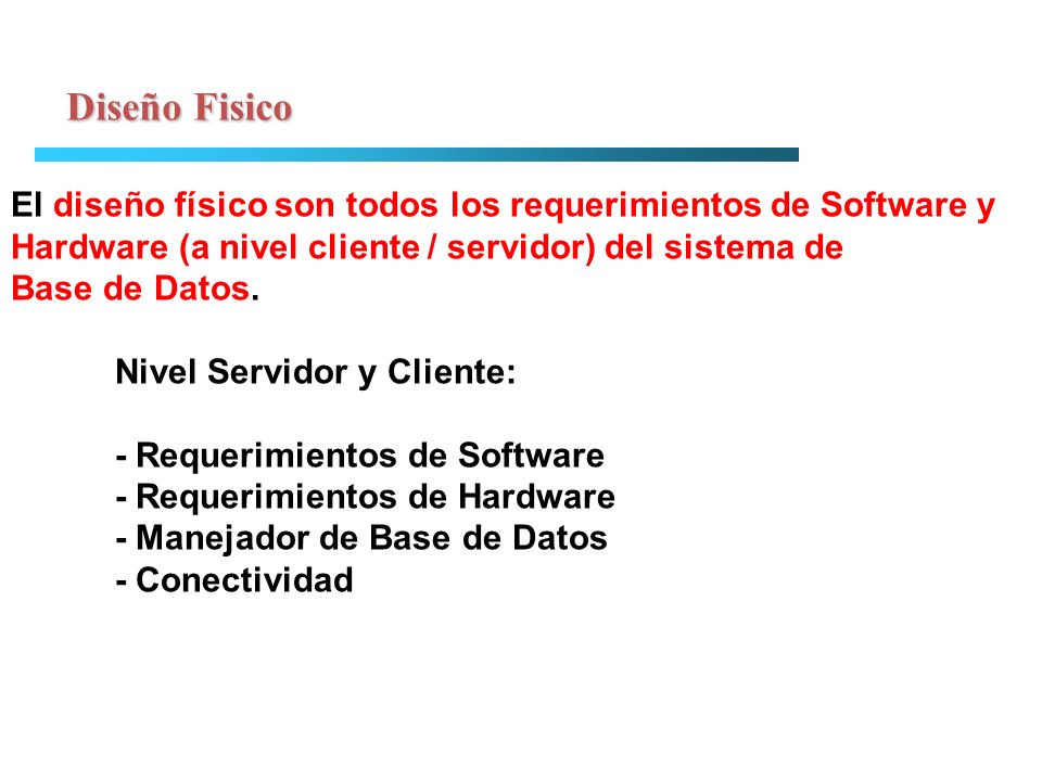 Diseño Fisico El diseño físico son todos los requerimientos de Software y. Hardware (a nivel cliente / servidor) del sistema de.
