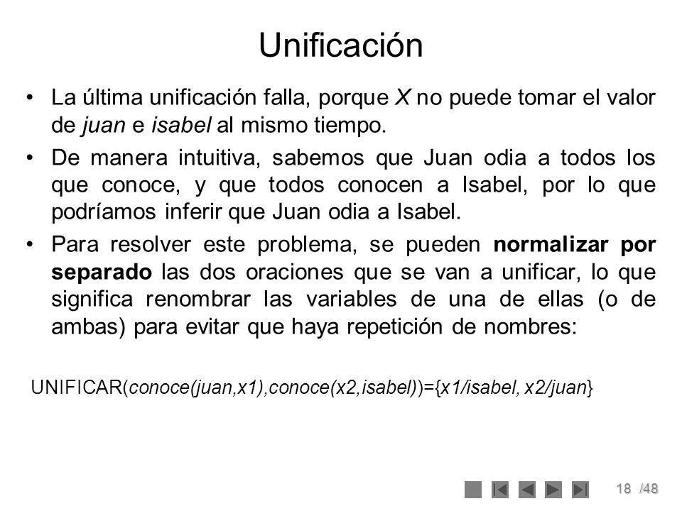 Unificación La última unificación falla, porque X no puede tomar el valor de juan e isabel al mismo tiempo.
