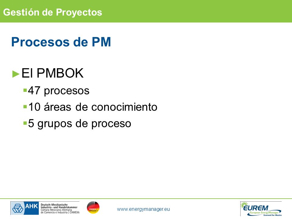 Procesos de PM El PMBOK 47 procesos 10 áreas de conocimiento
