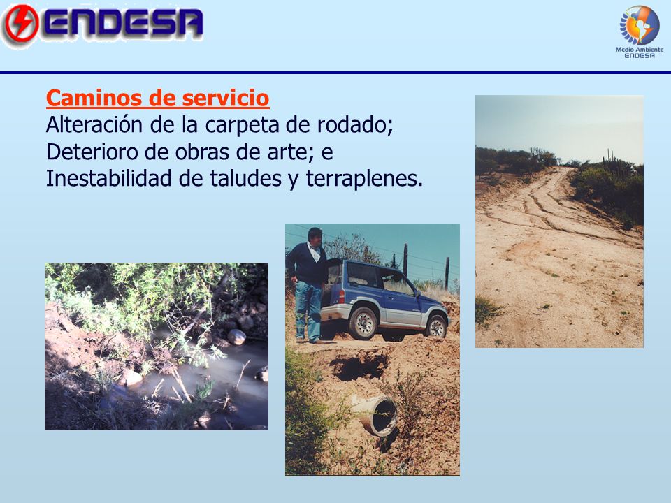 Caminos de servicio Alteración de la carpeta de rodado; Deterioro de obras de arte; e Inestabilidad de taludes y terraplenes.