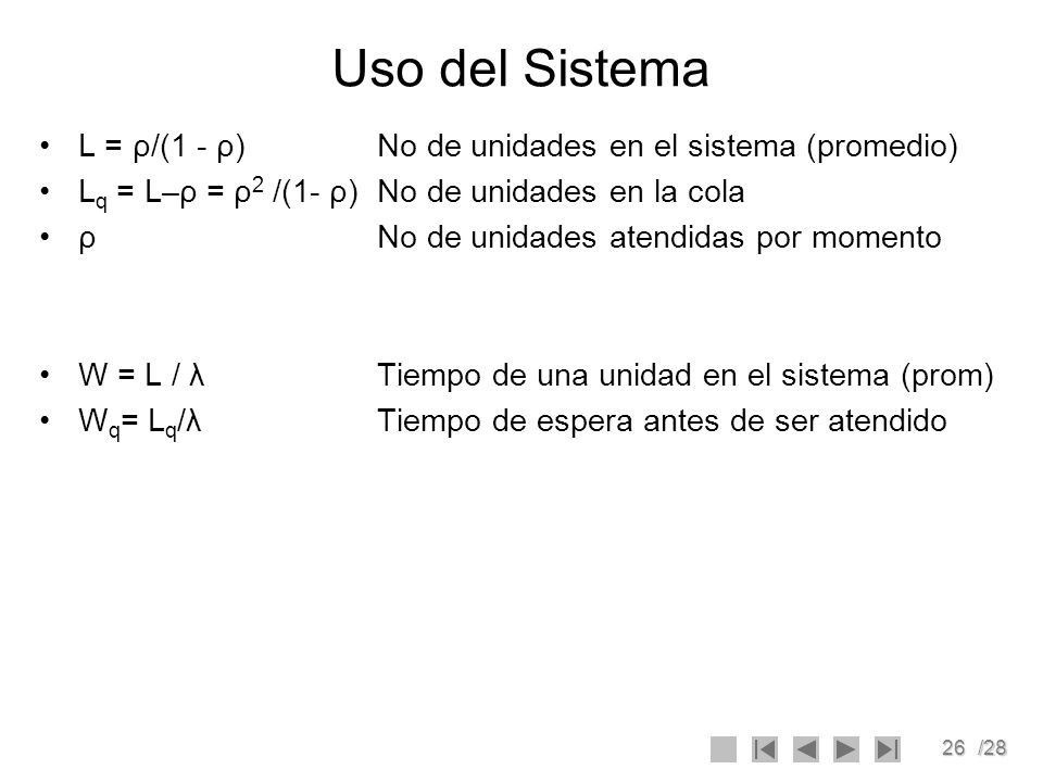Uso del Sistema L = ρ/(1 - ρ) No de unidades en el sistema (promedio)