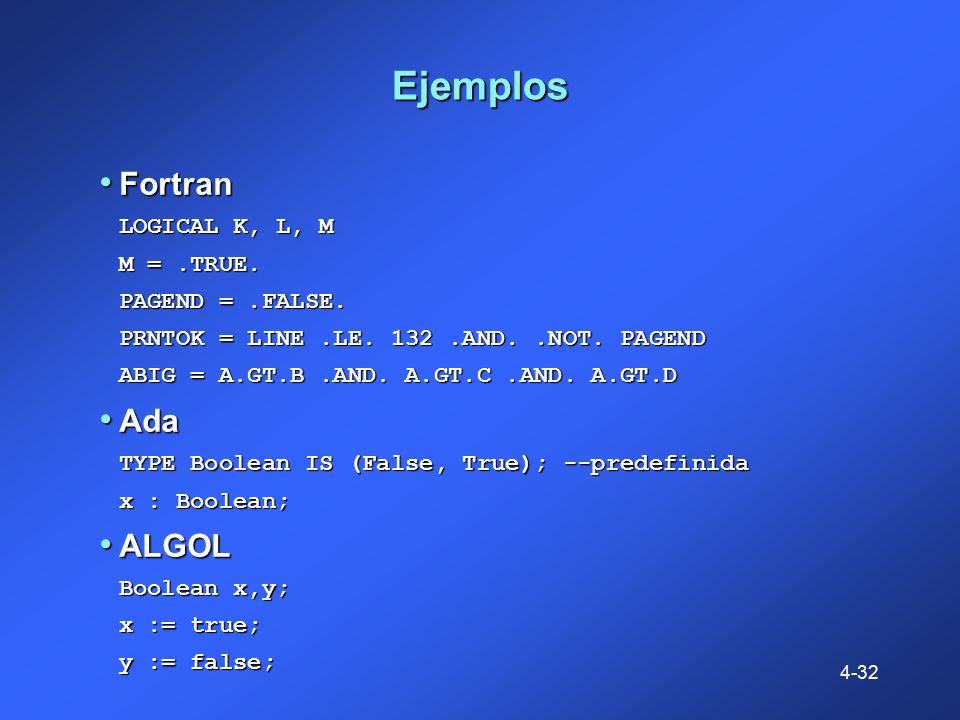 Ejemplos Fortran Ada ALGOL LOGICAL K, L, M M = .TRUE. PAGEND = .FALSE.