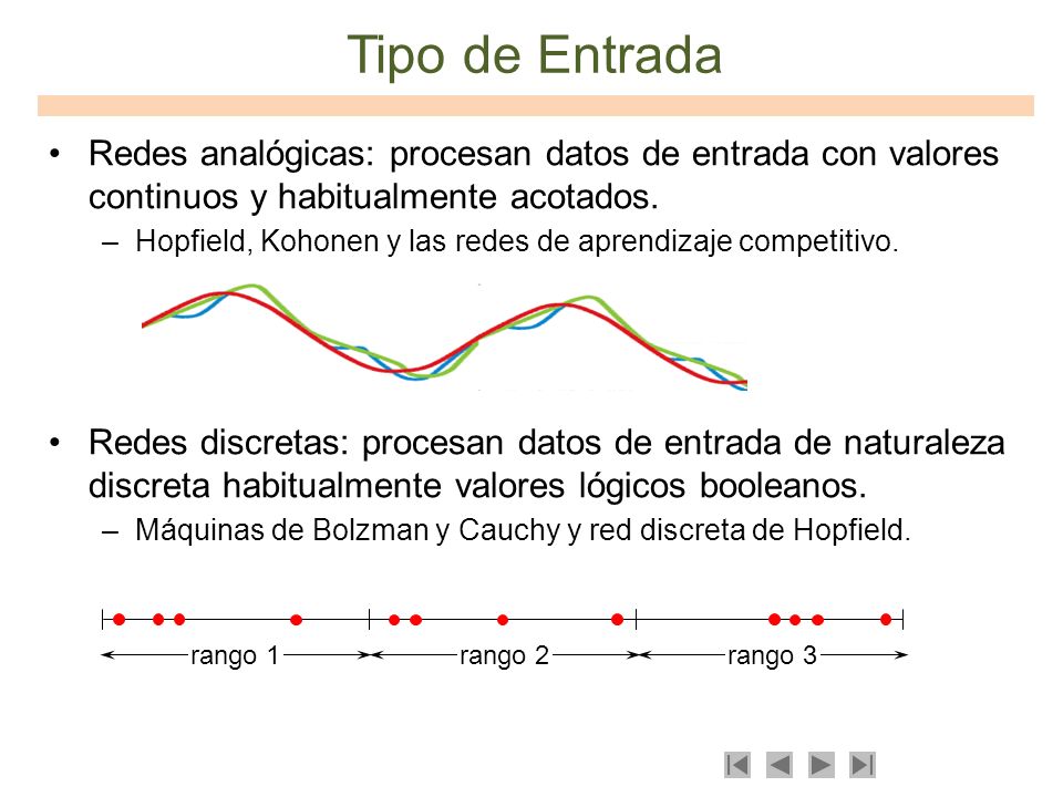 Tipo de Entrada Redes analógicas: procesan datos de entrada con valores continuos y habitualmente acotados.