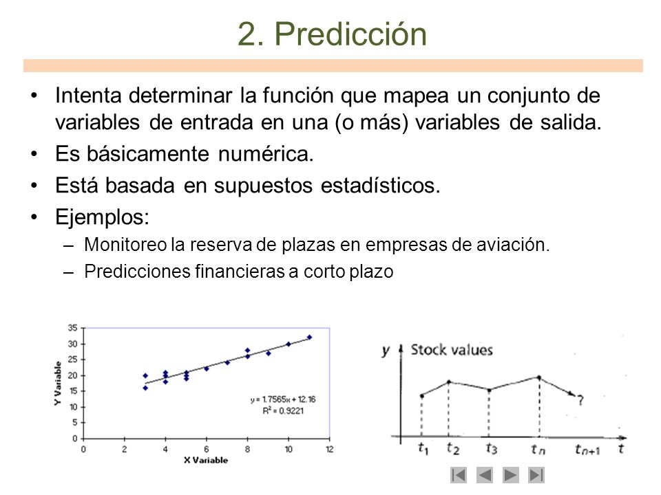 2. Predicción Intenta determinar la función que mapea un conjunto de variables de entrada en una (o más) variables de salida.