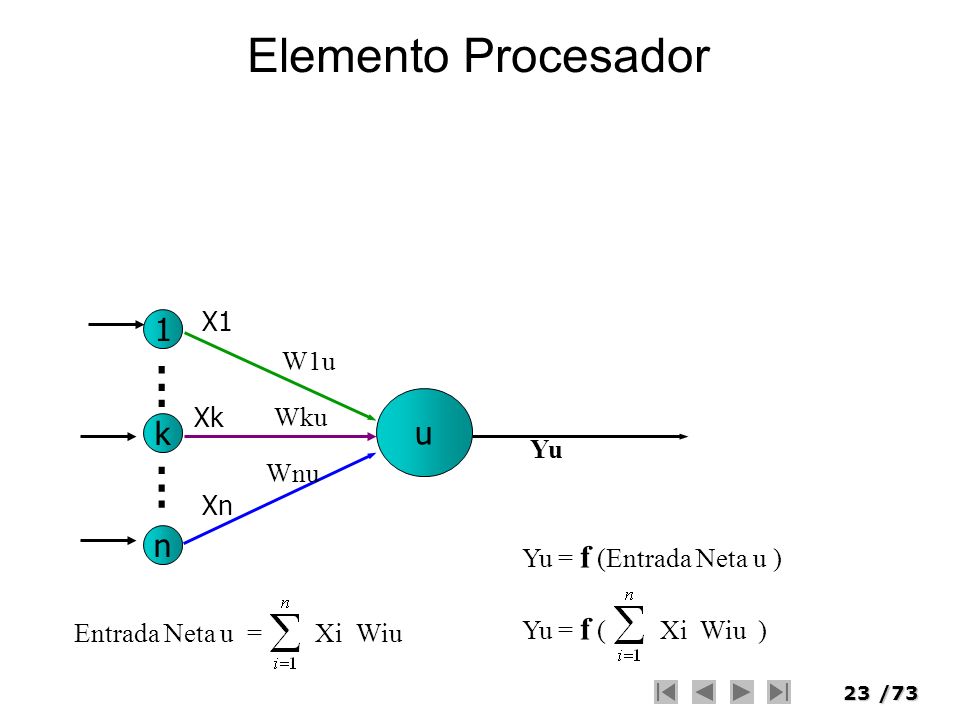Elemento Procesador 1 u k n X1 W1u Xk Wku Yu Wnu Xn