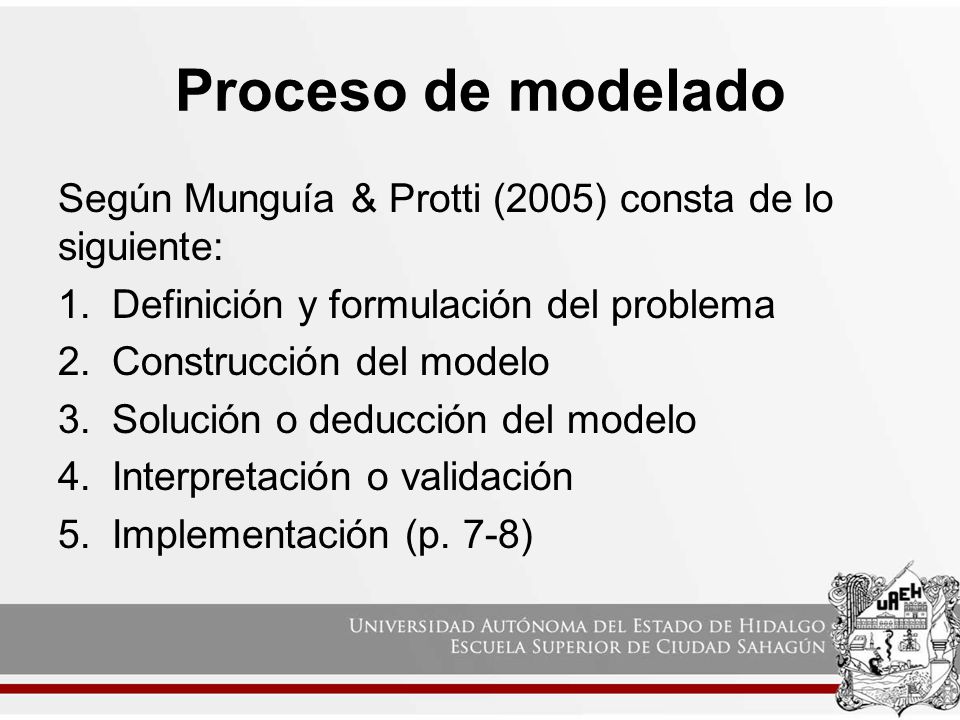Proceso de modelado Según Munguía & Protti (2005) consta de lo siguiente: Definición y formulación del problema.