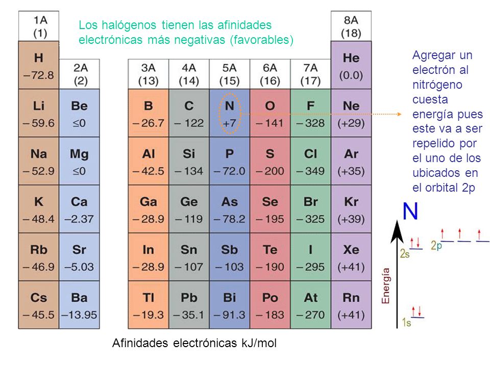 Los halógenos tienen las afinidades electrónicas más negativas (favorables)