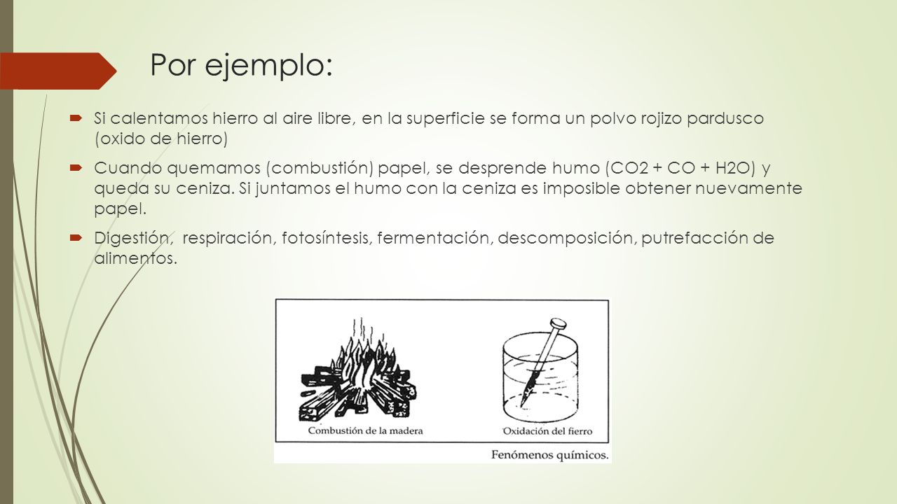Por ejemplo: Si calentamos hierro al aire libre, en la superficie se forma un polvo rojizo pardusco (oxido de hierro)