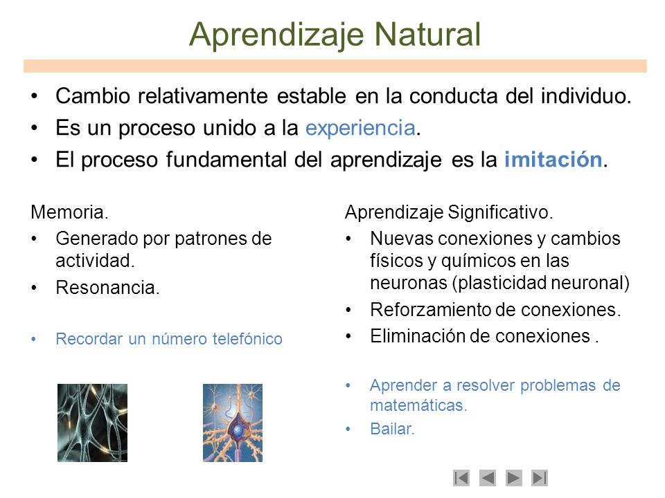 Aprendizaje Natural Cambio relativamente estable en la conducta del individuo. Es un proceso unido a la experiencia.