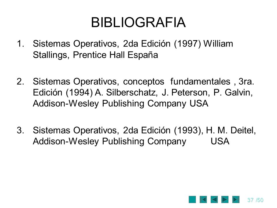 BIBLIOGRAFIA Sistemas Operativos, 2da Edición (1997) William Stallings, Prentice Hall España.