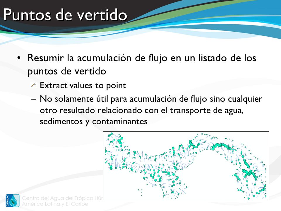 Puntos de vertido Resumir la acumulación de flujo en un listado de los puntos de vertido. Extract values to point.