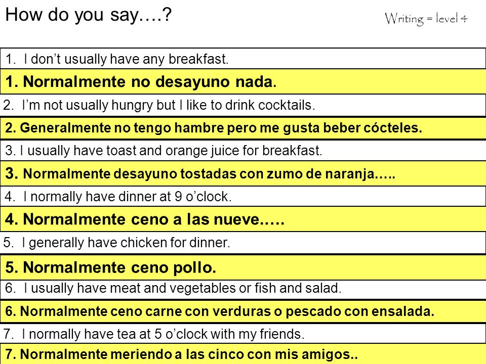How do you say…. 1. Normalmente no desayuno nada.