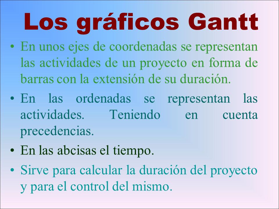Los gráficos Gantt En unos ejes de coordenadas se representan las actividades de un proyecto en forma de barras con la extensión de su duración.