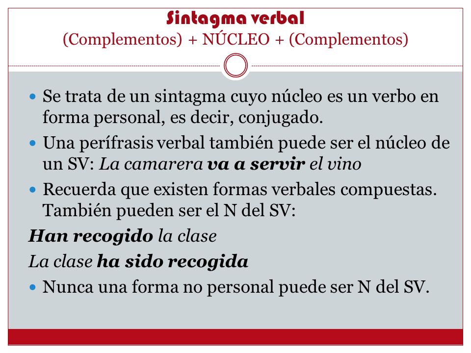 Sintagma verbal (Complementos) + NÚCLEO + (Complementos)