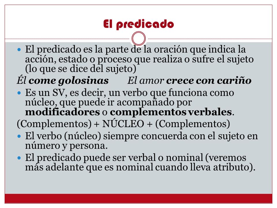 El predicado El predicado es la parte de la oración que indica la acción, estado o proceso que realiza o sufre el sujeto (lo que se dice del sujeto)