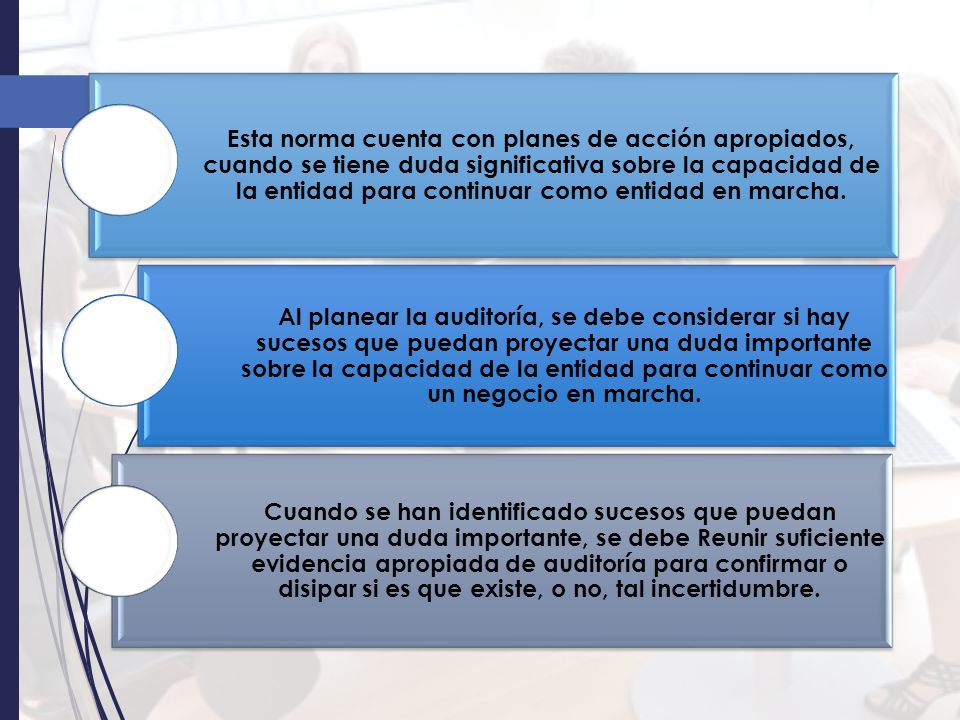 Esta norma cuenta con planes de acción apropiados, cuando se tiene duda significativa sobre la capacidad de la entidad para continuar como entidad en marcha.
