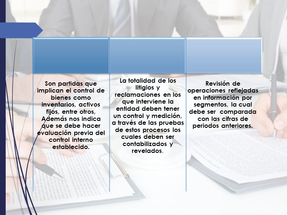 Son partidas que implican el control de bienes como inventarios, activos fijos, entre otros, Además nos indica que se debe hacer evaluación previa del control interno establecido.