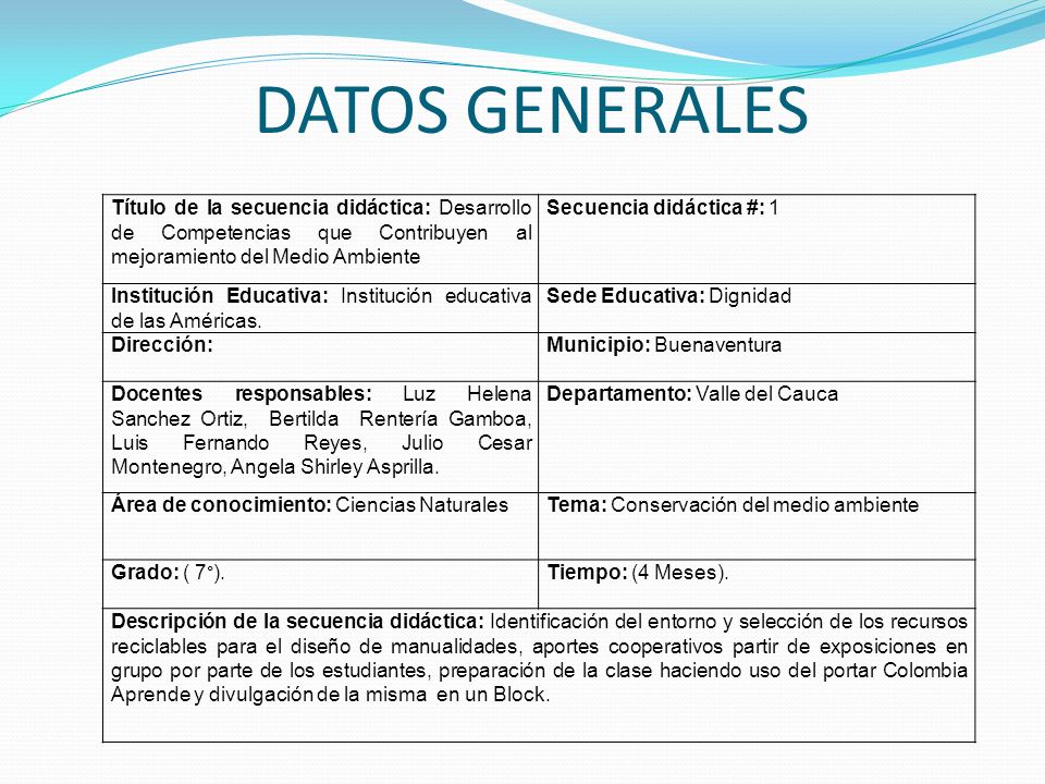 DATOS GENERALES Título de la secuencia didáctica: Desarrollo de Competencias que Contribuyen al mejoramiento del Medio Ambiente.