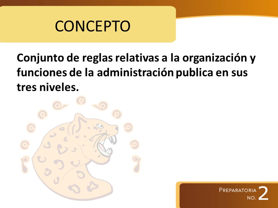 CONCEPTO Conjunto de reglas relativas a la organización y funciones de la administración publica en sus tres niveles.