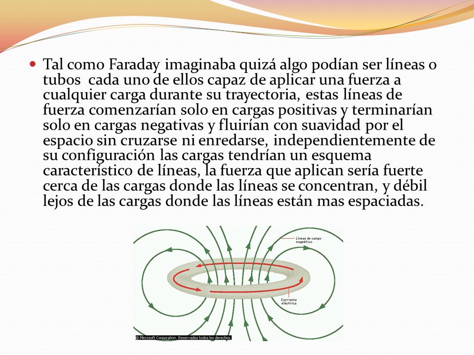 Tal como Faraday imaginaba quizá algo podían ser líneas o tubos cada uno de ellos capaz de aplicar una fuerza a cualquier carga durante su trayectoria, estas líneas de fuerza comenzarían solo en cargas positivas y terminarían solo en cargas negativas y fluirían con suavidad por el espacio sin cruzarse ni enredarse, independientemente de su configuración las cargas tendrían un esquema característico de líneas, la fuerza que aplican sería fuerte cerca de las cargas donde las líneas se concentran, y débil lejos de las cargas donde las líneas están mas espaciadas.