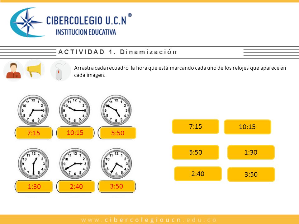 Texto alternativo: Imagen de un reloj marcando las 7:15. Imagen de un reloj marcando las 10:15. Imagen de un reloj marcando las 5:50.
