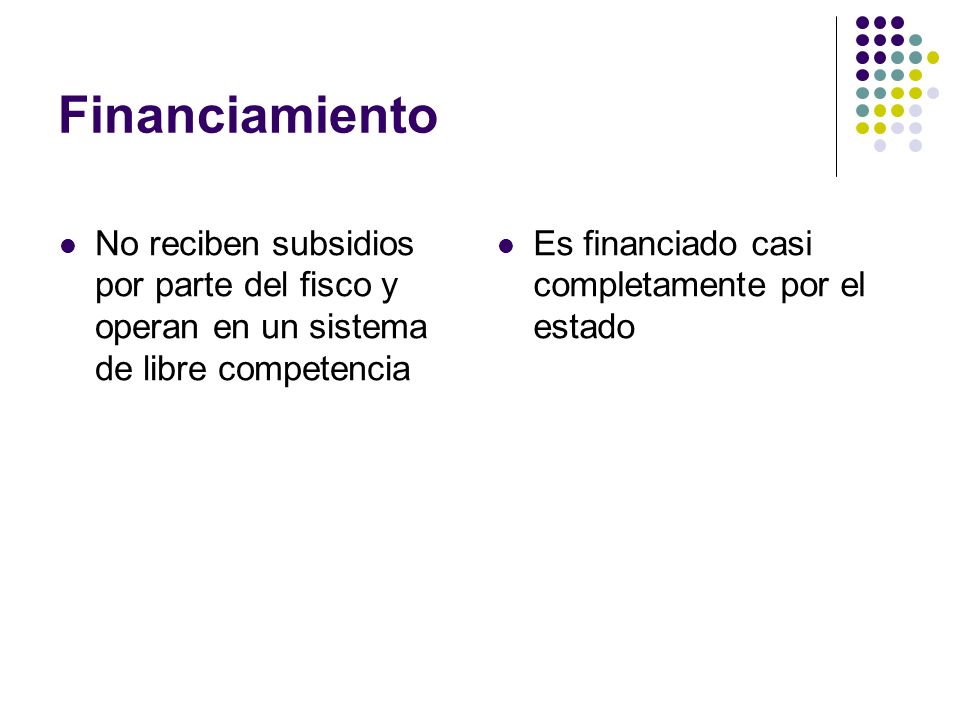 Financiamiento No reciben subsidios por parte del fisco y operan en un sistema de libre competencia.