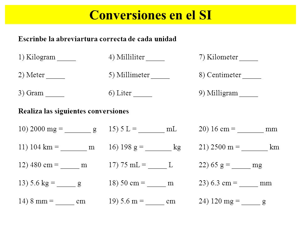 Conversiones en el SI Escrinbe la abreviartura correcta de cada unidad