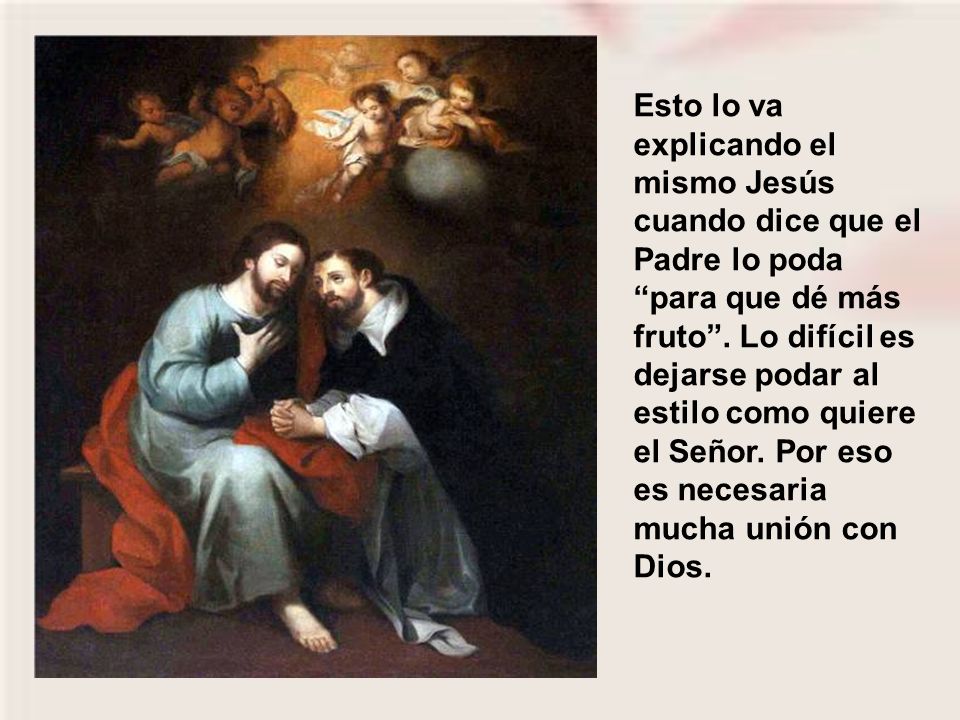 Esto lo va explicando el mismo Jesús cuando dice que el Padre lo poda para que dé más fruto .