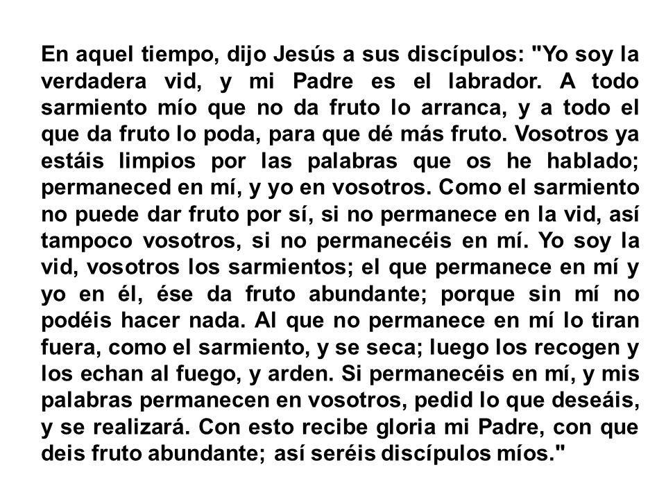 En aquel tiempo, dijo Jesús a sus discípulos: Yo soy la verdadera vid, y mi Padre es el labrador.