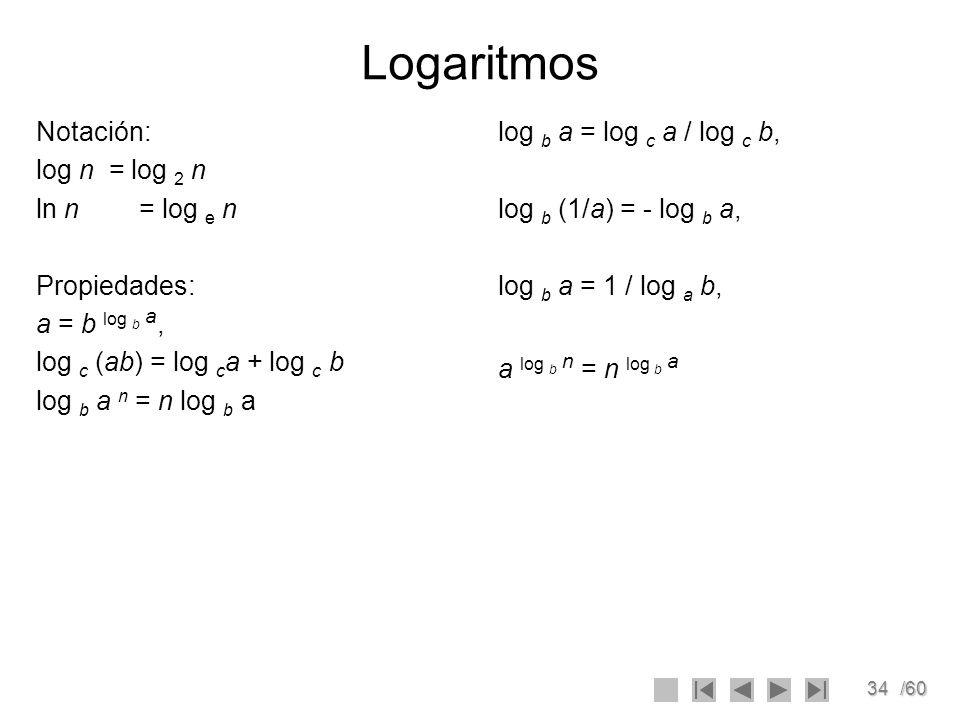 Logaritmos Notación: log n = log 2 n ln n = log e n Propiedades: