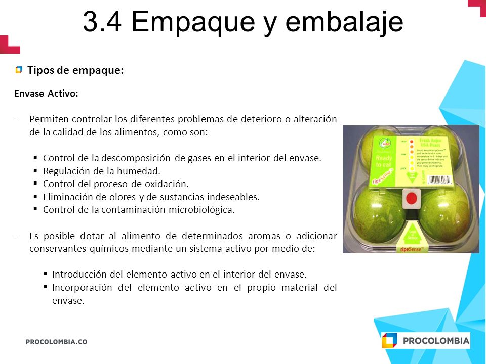 3.4 Empaque y embalaje Tipos de empaque: Envase Activo:
