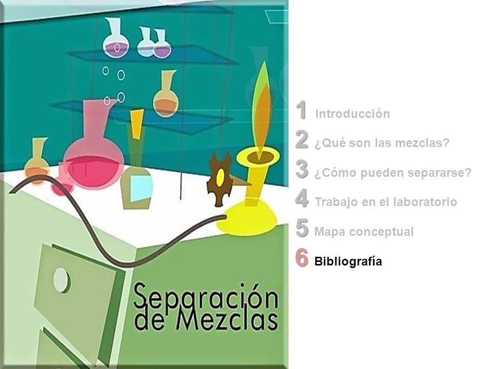 1 Introducción 2 ¿Qué son las mezclas 3 ¿Cómo pueden separarse 4 Trabajo en el laboratorio. 5 Mapa conceptual.