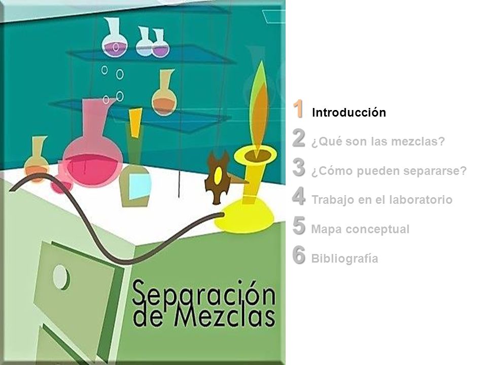 1 Introducción 2 ¿Qué son las mezclas 3 ¿Cómo pueden separarse 4 Trabajo en el laboratorio. 5 Mapa conceptual.