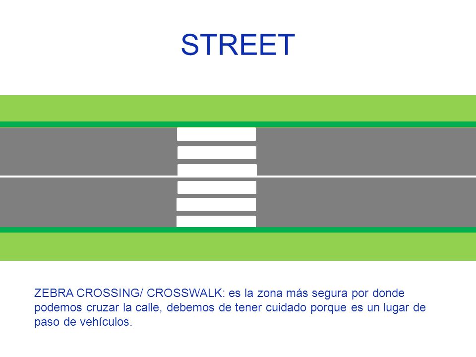 STREET ZEBRA CROSSING/ CROSSWALK: es la zona más segura por donde