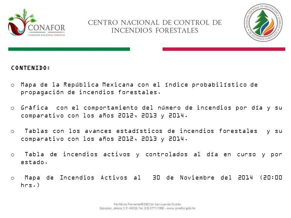 CONTENIDO: Mapa de la República Mexicana con el índice probabilístico de propagación de incendios forestales.