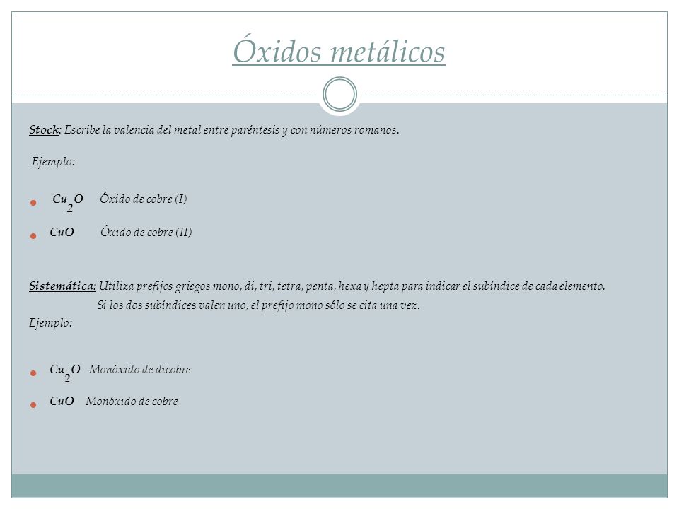 Óxidos metálicos Stock: Escribe la valencia del metal entre paréntesis y con números romanos. Ejemplo: