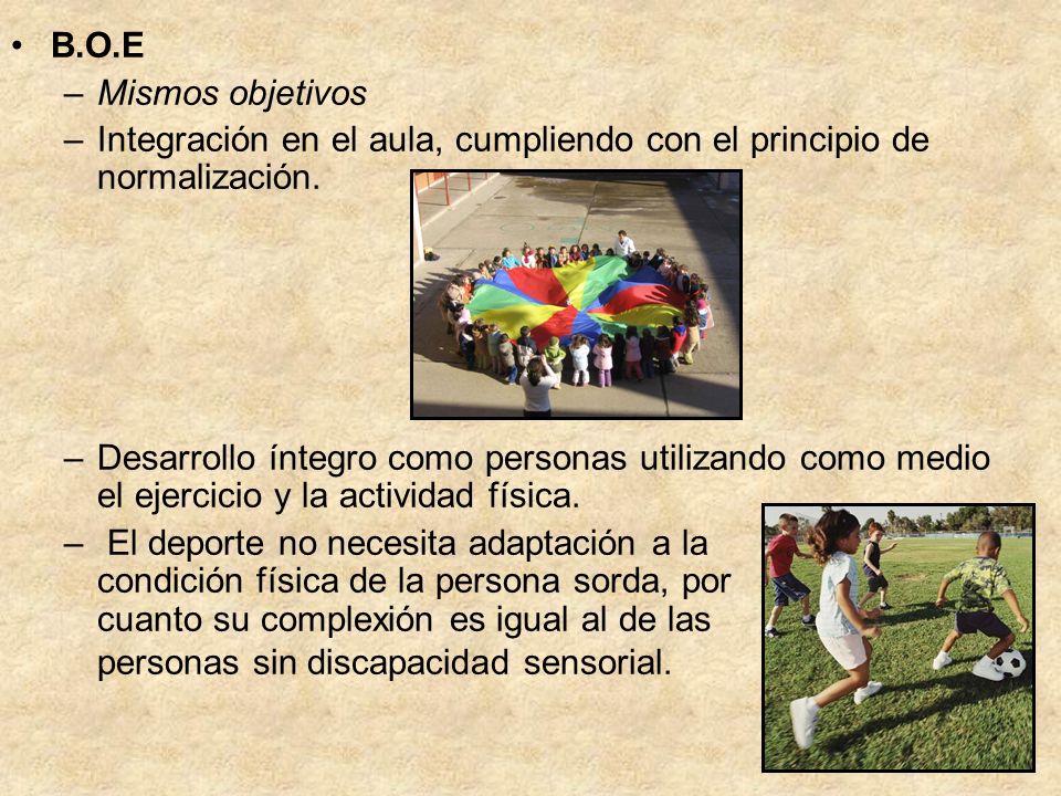 B.O.E Mismos objetivos. Integración en el aula, cumpliendo con el principio de normalización.