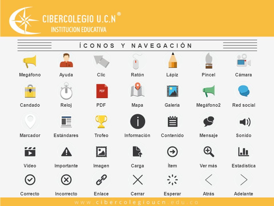 ÍCONOS Y NAVEGACIÓN Megáfono Ayuda Clic Ratón Lápiz Pincel Cámara