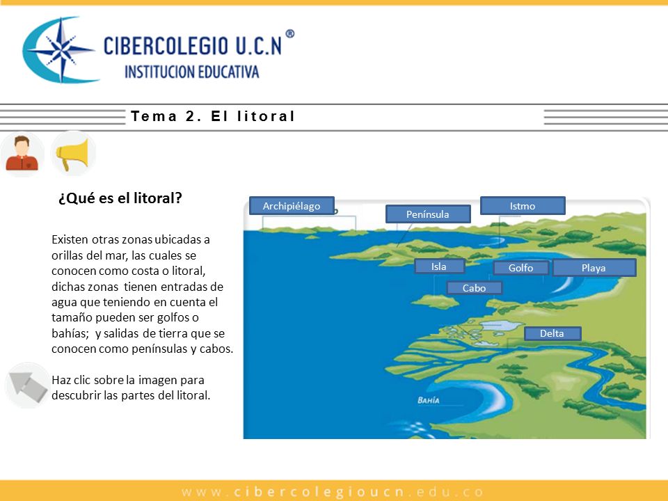 Texto alternativo: Imagen donde se muestra las partes que se pueden encontrar en un litoral. Tema 2. El litoral.