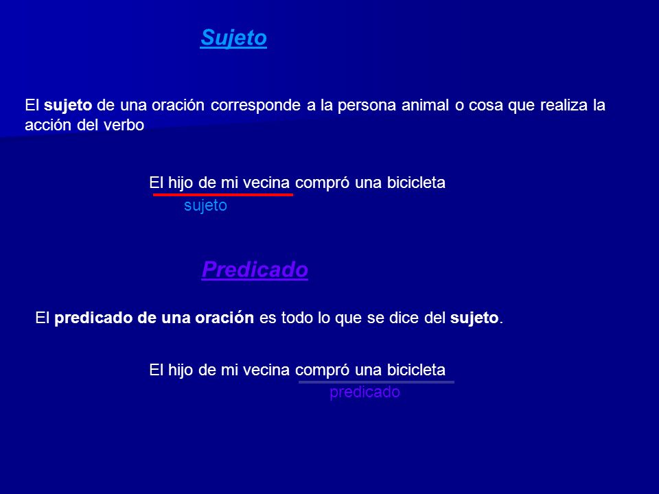 Sujeto El sujeto de una oración corresponde a la persona animal o cosa que realiza la acción del verbo.