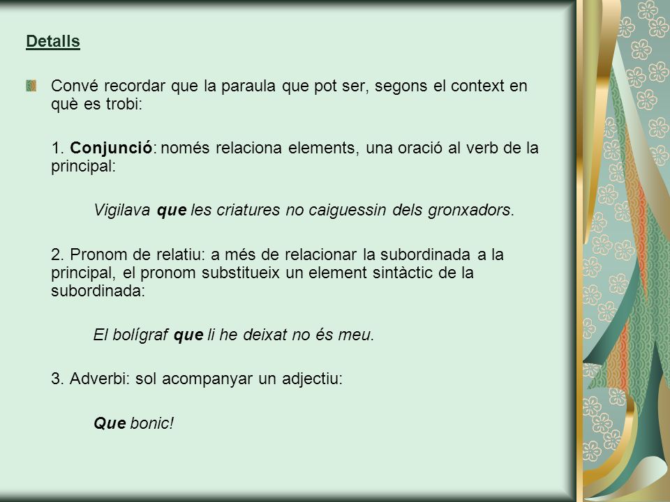 Detalls Convé recordar que la paraula que pot ser, segons el context en què es trobi: