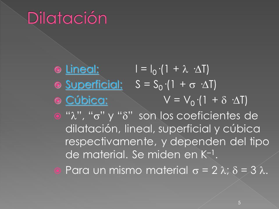 Dilatación Lineal: l = l0·(1 +  ·T) Superficial: S = S0·(1 +  ·T)