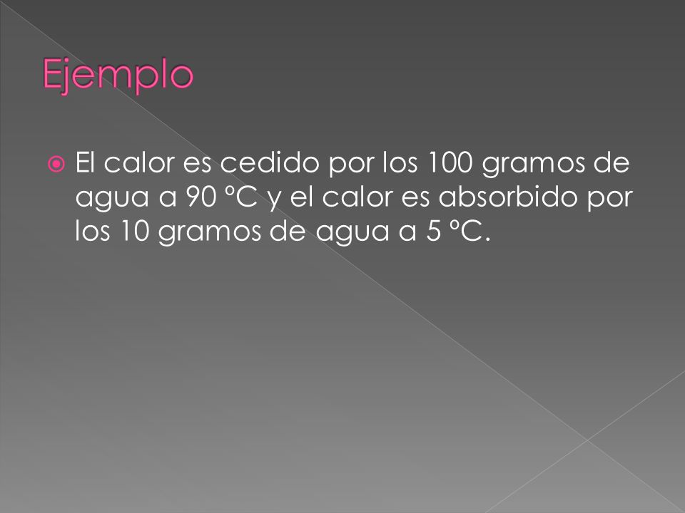 Ejemplo El calor es cedido por los 100 gramos de agua a 90 ºC y el calor es absorbido por los 10 gramos de agua a 5 ºC.
