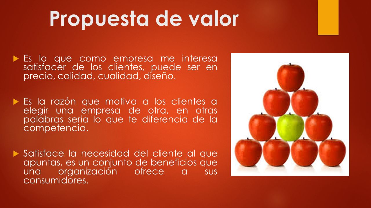 Propuesta de valor Es lo que como empresa me interesa satisfacer de los clientes, puede ser en precio, calidad, cualidad, diseño.